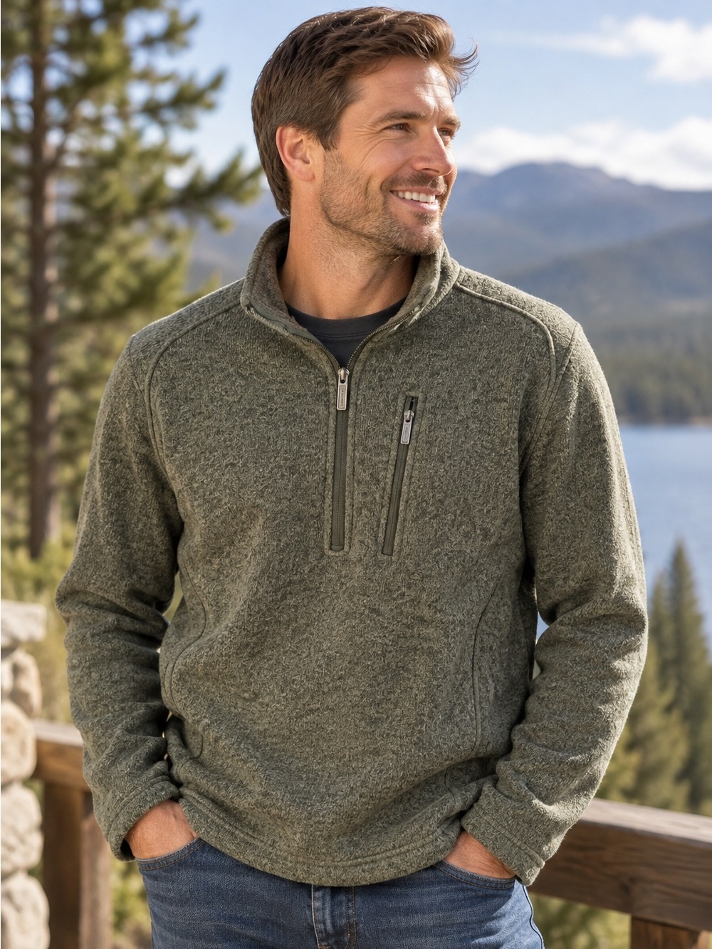 Woolrich Men’s L Green Heather Sweater Fleece 1/4 Zip Pullover Chest Pocket